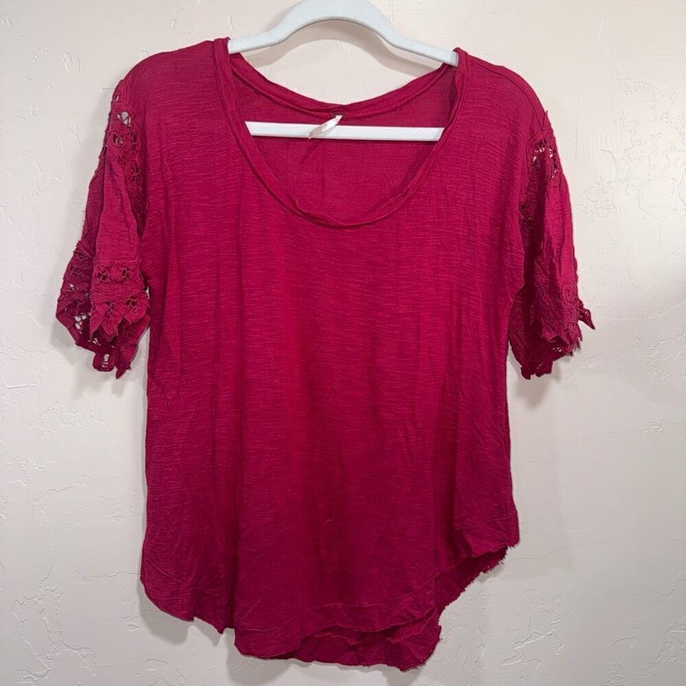 Free People Pink Lace Sleeve Tee